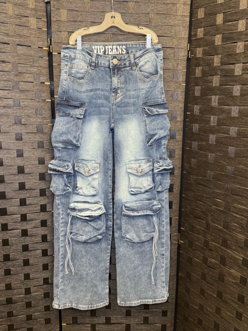 VIP Women’s Light Blue Cargo, Baggy, Straight-Leg, Multiple Pocket Denim Jeans